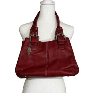 Tignanello Red Leather Satchel Handbag Double Handle Silver Buckle Y2K